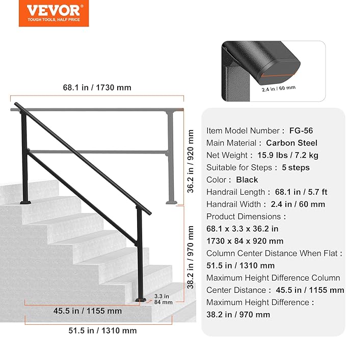 VEVOR Handrails for Outdoor Steps, 5 Step Stair Hand Rail Kit, Transitional Carbon Steel Railings with Installation Kit, Stair Rails for Seniors, Concrete Steps & Porch & Deck, Black Square Tube