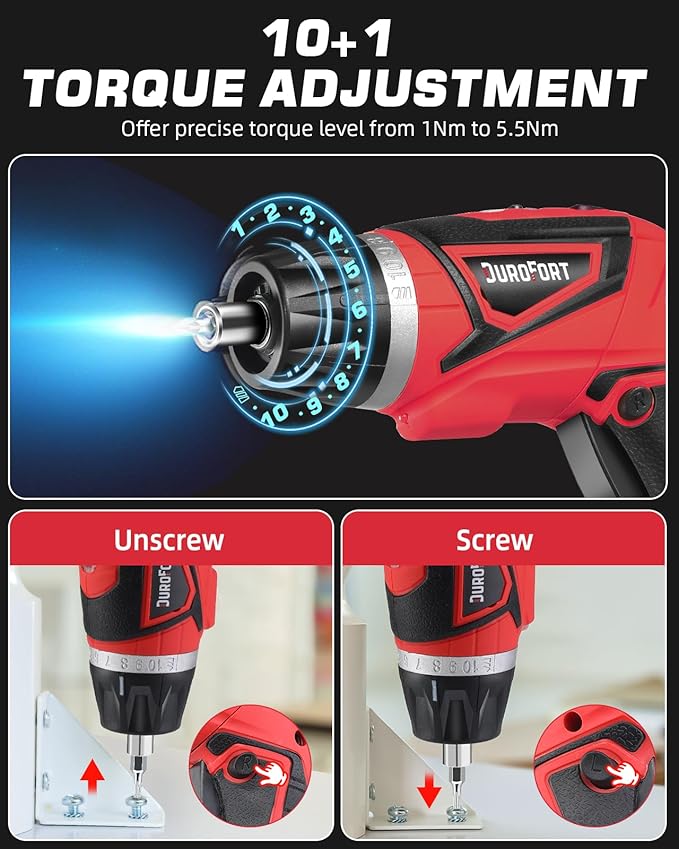 Cordless Electric Screwdriver Set, 8V 10Nm Rechargeable Power Electric Drill, Battery Screw Gun with Driver Bit, 320RPM/10+1 Torque, 2 Position Handle, Flexible Shaft LED Light (Red, 28Pcs)