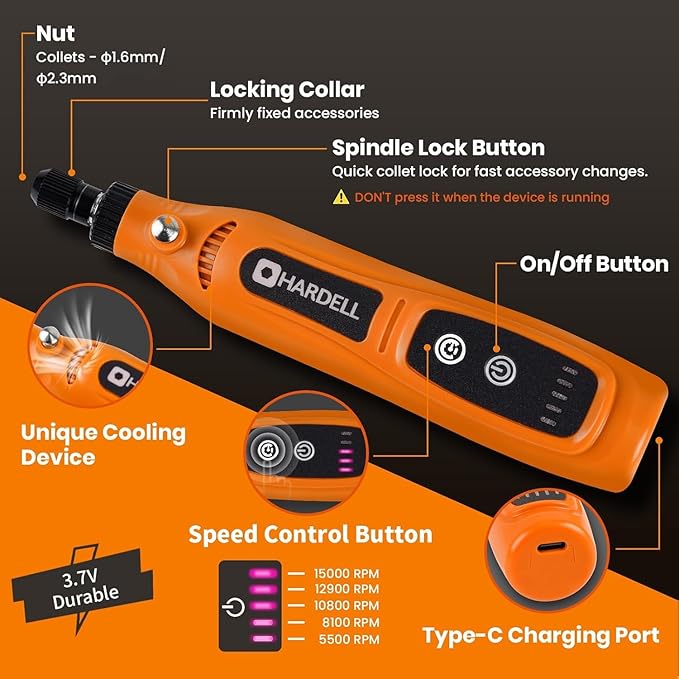 HARDELL Mini Cordless Rotary Tool 3.7V, 5-Speed Rotary Tool Kit with 43 Accessories, Type-C Charging Power Rotary Tool for Engraving, Sanding, Polishing, Drilling, Grinding, Small DIY Crafts
