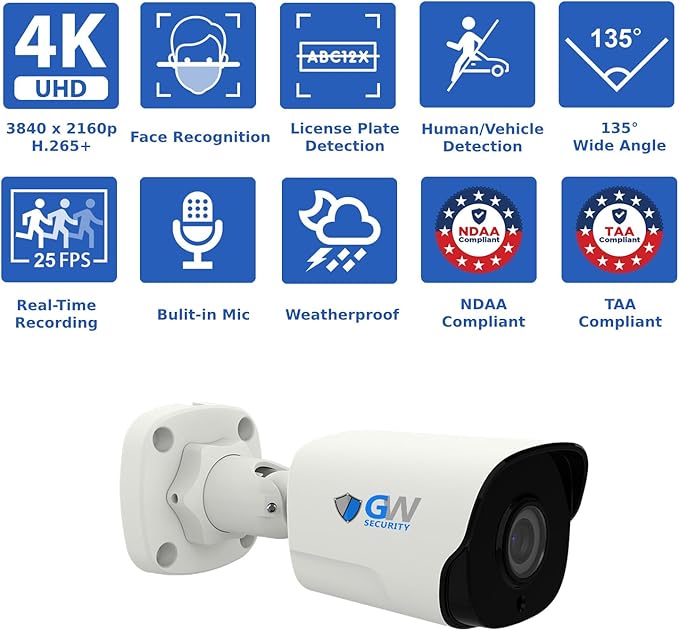 GW Security 32 Channel NVR UltraHD 4K Face Recognition NDAA & TAA Compliant Security Camera System with 32 x 8MP @25FPS Outdoor & Indoor PoE Bullet Cameras, 10 Smart AI Functions