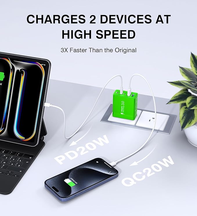 2 Pack 50W USB C Fast Charger Block,5-Port Type C Wall Charger Brick,2 USB A & 3 USB C PD3.0 Power Adapter Multiport Charging Plug Box for iPhone 12/13/14/15/16,Pad Mini/Pro, Cellphones(Green)