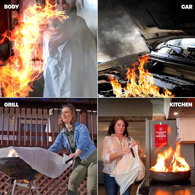 Prepared Hero Emergency Fire Blanket - 8 Pack - 40" x 40" Fiberglass Suppression Blanket for Kitchen and Home