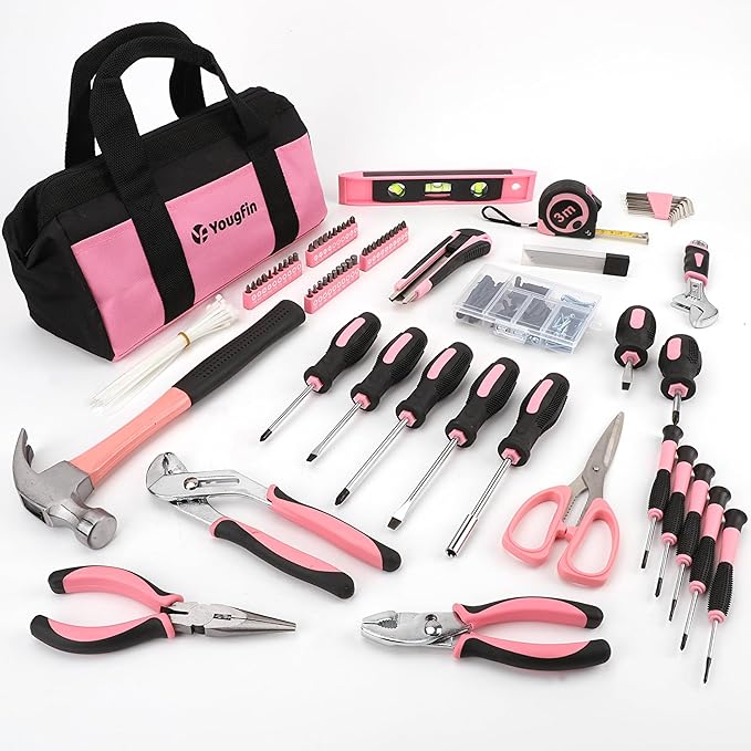 Yougfin Pink Tool Set, 215 Pcs Lady's General Home Repairing Tools Kit For Girls & Women With Portable Bags, Includes All Essential for Home, Garage, Office and College Dormitory Use, Pink & Black