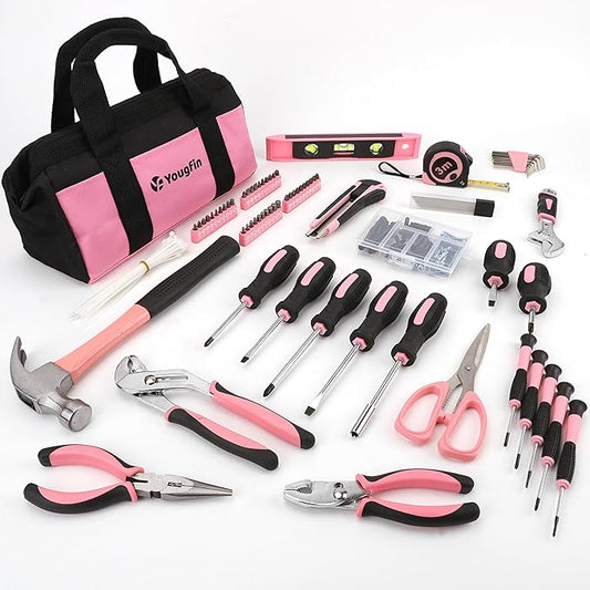 Yougfin Pink Tool Set, 215 Pcs Lady's General Home Repairing Tools Kit For Girls & Women With Portable Bags, Includes All Essential for Home, Garage, Office and College Dormitory Use, Pink & Black