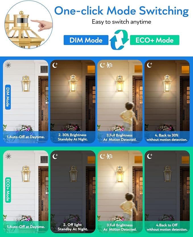 VIANIS Outdoor Wall Lights Lantern, 2 Pack Gold Motion Sensor Proch Light, Dusk to Dawn Weather Resistant Exterior Lights for House Sconce, Waterproof Garage Lights with Clear Glass Shade