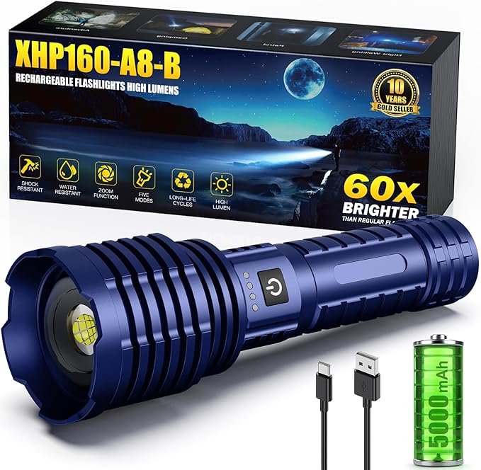 Flashlights High Lumens, 5000.000LM Super Bright Rechargeable Flashlight with USB C, 5 Light Modes, Zoomable, IP67 Waterproof, High Powered Flashlight for Camping Emergencies