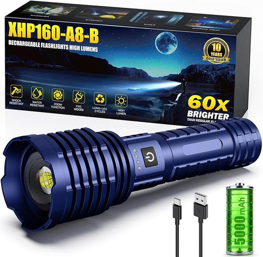Flashlights High Lumens, 5000.000LM Super Bright Rechargeable Flashlight with USB C, 5 Light Modes, Zoomable, IP67 Waterproof, High Powered Flashlight for Camping Emergencies