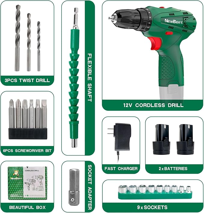 NEWBEAT Power Drill Set, 12V Cordless Drill with 2 Battery and Charger, 2 Variable Speed, 18+1 Torque Setting, Tools for Home and DIY Project