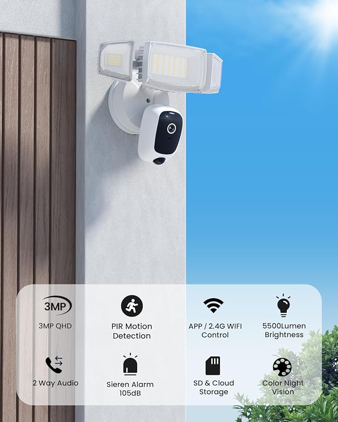 Olafus Floodlight Camera Outdoor – 2K QHD Security Cam with Motion-Activated Flood Lights, Custom Detection Zones, Color Night Vision, 2-Way Talk & 55W Dimmable Lighting White