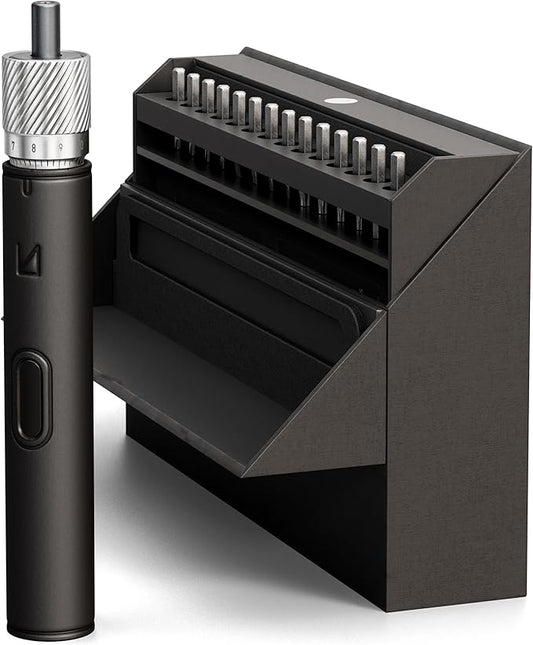 Lunar Artefacts Precision Electric Cordless Rechargeable Black Leather and CNC Aluminum Screwdriver with 24 Magnetics Bits and Easy Storage Toolbox