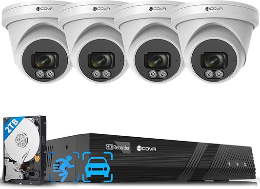 4COVR 4K Wired Security Camera System, Human Vehicle Detection, 4Pcs 8MP 2.8mm 110? Wide Angle Dome IP Camera with Mic, 8CH 8MP H.265 NVR with 2TB HDD, IP67 Home Weatherproof Outdoor, LY97SA8M0804