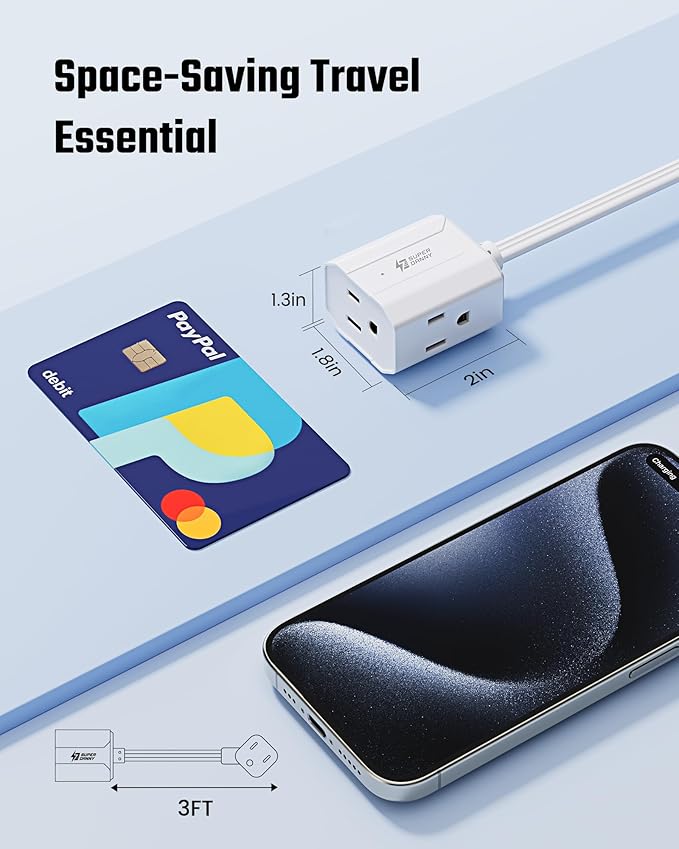 Extension Cord 3ft SUPERDANNY Mini Power Strip Ultra Right Angled Flat Plug for Tight Spaces,Indoor Extension with 3 Outlets,for Office Home Appliances,Non Surge Protector for Travel Cruise,White