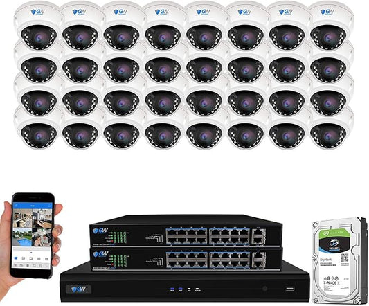 GW Security 32 Channel 8MP UltraHD 4K (3840x2160) Audio & Video Motorized Zoom Smart AI Home NVR Security System - 32 x Dome 8 Megapixel 2.8-8mm 3X Optical Zoom Waterproof Microphone IP PoE Cameras