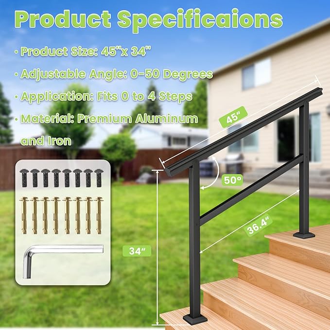 SPACEEUP Hand Rails for Outdoor Steps,4 Step Handrail，45" x 34" Fits 0 to 4 Steps, Outdoor Stair Handrail Kit, Black Railings for Outdoor Steps for Porch Deck，Hand Rails for Seniors