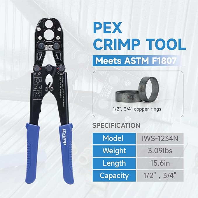 iCrimp Pex Pipe Crimping Tool, Plumbing Tool with Convertible 1/2" and 3/4" Jaws for Copper Ring, Meets ASTM 1807 Standard IWS-1234N