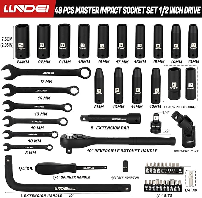 LLNDEI 1/2" Dr. Ratchet Impact Socket Wrench Set,Deep Sockets(8-24mm),Spark Plug Socket(16,21mm),49PCS, CR-V, Metric, With Combination Wrenches (8-17mm)