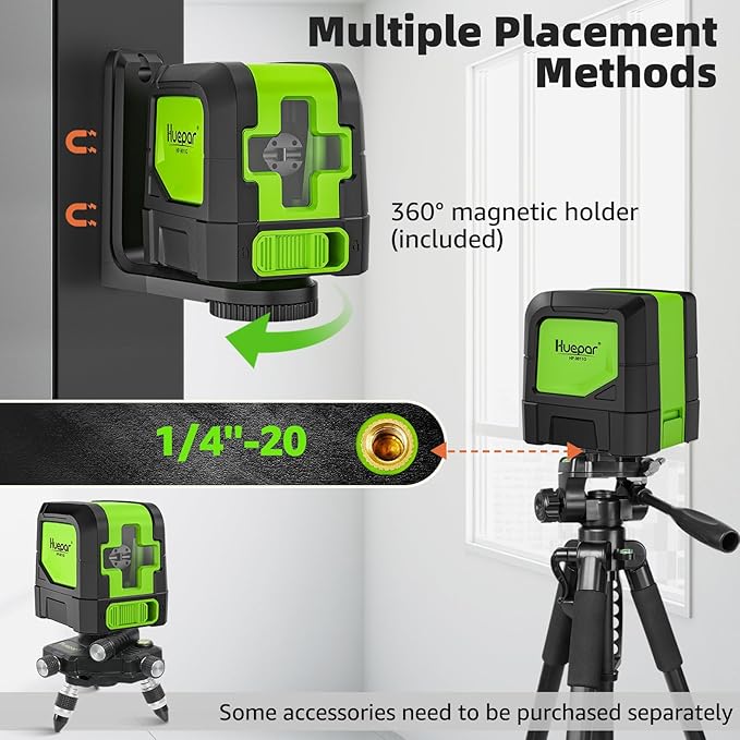 Huepar Laser Level, 100Ft Self Leveling Green Cross Line Laser for Picture Hanging, Tile, Decoration & DIY Indoor Construction – 360° Magnetic Base & AA Battery Included