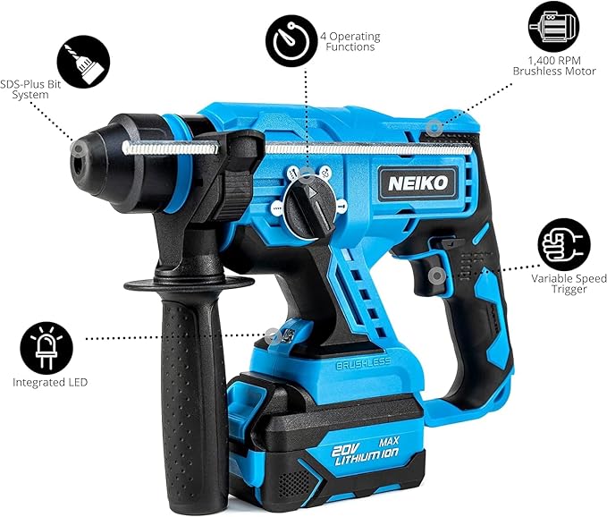 NEIKO 10882A Cordless Rotary Hammer Drill, Includes 20-Volt Li-ion Rechargeable Battery, Fast Charger, SDS Plus Hammer Drill, Heavy Duty Brushless Demolition Hammer, Cordless Hammer Drill, Rotohammer