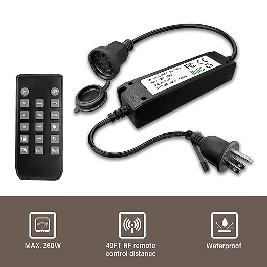Banord Outdoor Plug-in Dimmer Switch with Wireless Remote Control, 360W Max for LED String Lights, 4-Level Brightness Modes & Waterproof Design