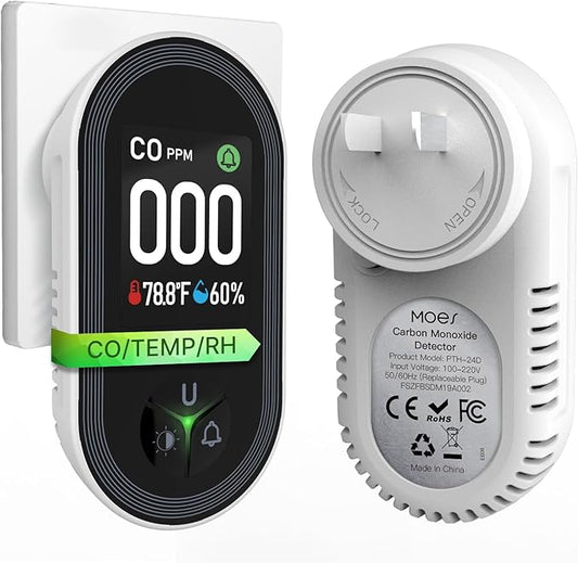 [2025 New Upgraded] MOES Carbon Monoxide Detectors Plug in, 3 in 1 Carbon Monoxide Detector with Temperature Humidity Sensor Built-in, CO Monitor Alarm Sound Warning for Kitchen/Garage/Fireplace/RV