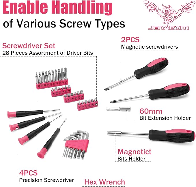 Pink Tool Kit with 3.6V USB Electric Screwdriver, 151 PCS Home Tool Set with Cordless Drill Set, Hand Tool Kits for Women