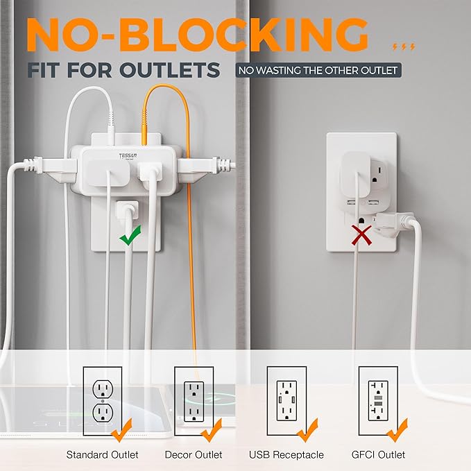 Multi Plug Outlet Extender, TESSAN Wall Surge Protector with 4 Electrical 3 Prong Outlet Splitter 4 USB Charging Blocks Adapter(1 USB C), 3 Way Multiple Plug Expander for Home Bathroom Essentials