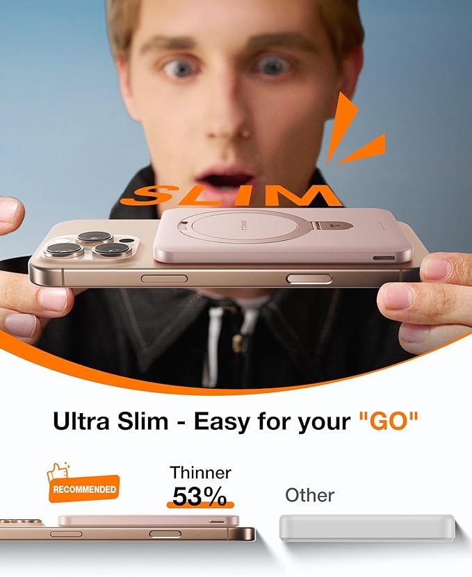 TORRAS 0.45" Slim Magnetic Portable Charger Power Bank for iPhone 5000 mAh 22.5W PD Fast Charging Wireless Battery Pack O Stand Compatible with Magsafe, i Phone 16 Pro Max, Pro,15,14,13,12, Rose Gold