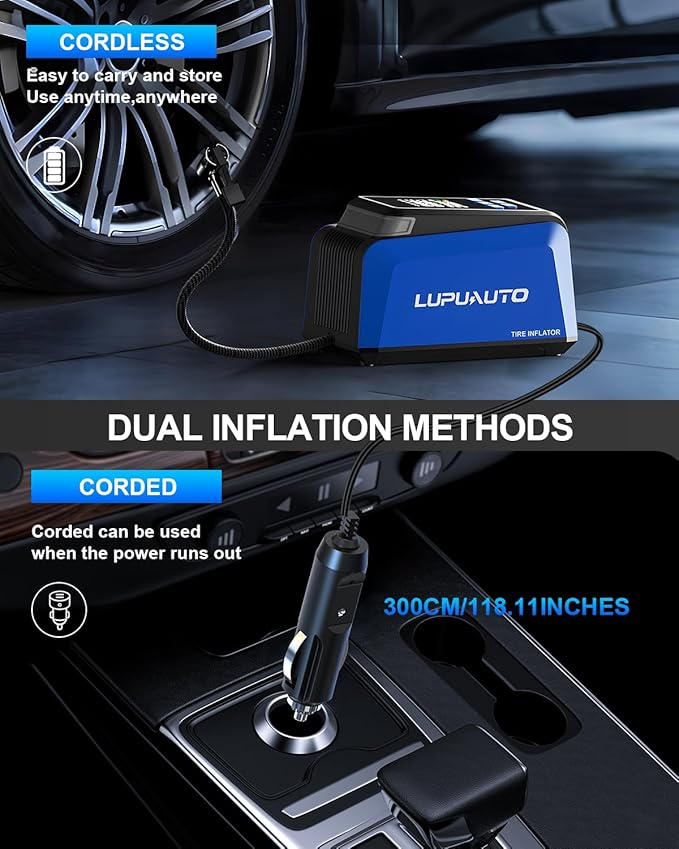 Tire Inflator Portable Air Compressor, 2X Faster Inflation Air Pump, 150PSI Car Tires Inflator with Digital Pressure Gauge, LED Light Cordless Pump for Car, Motorcycle, Bicycle, Balls and More