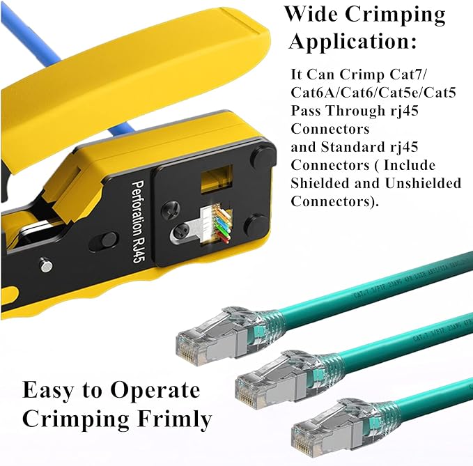 rj45 Crimp Tool Kit, Pass Through Cat7 Cat6A Cat6 Cat5e Cat5 rj45 Crimping Tool with 10PCS Cat7 Shielded Connectors 10PCS Covers 20PCS Cat6 Pass Through Connectors 20PCS Covers Network Tester