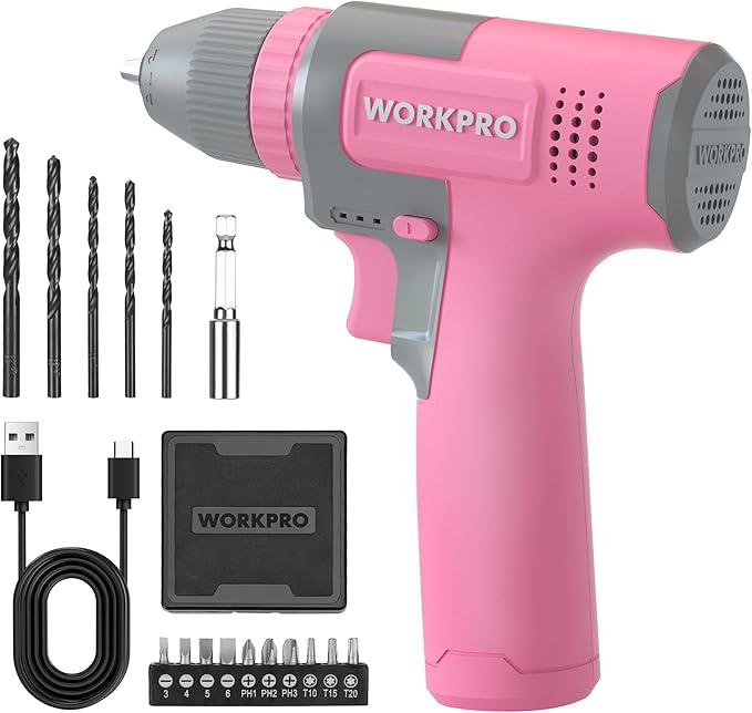 WORKPRO Pink Cordless 8V Drill Driver Set, 2Ah Electric Power Drill with 3/8'' Keyless Chuck, 15pcs Bits & 1 Type-C Charging Cord for Drilling and Screwing - Pink Ribbon