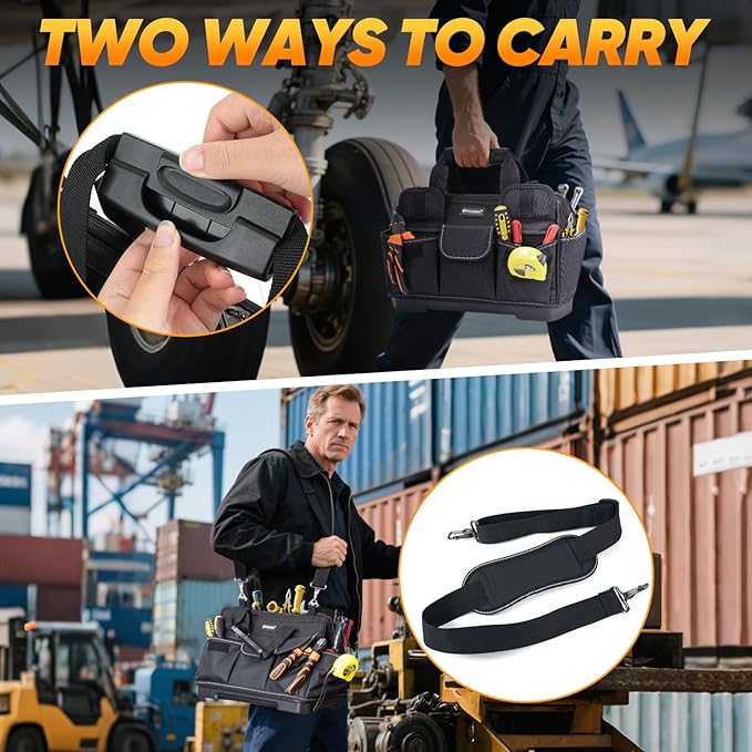 TICONN Heavy Duty Tool Bag with Multi-Pockets, Portable Tool Box Organizer Storage Bag, with Adjustable Shoulder Strap and Ergonomic Handle (Black, 16" Molded Base)