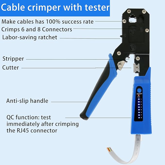 RJ45 Crimp Tool Kit All-in-One Ethernet Crimper Cat6 Cat5 Cat5e Crimping Tool with Network Cable Tester, 50-Pack Cat5e RJ45 Connector, 50-Pack Connector Boots