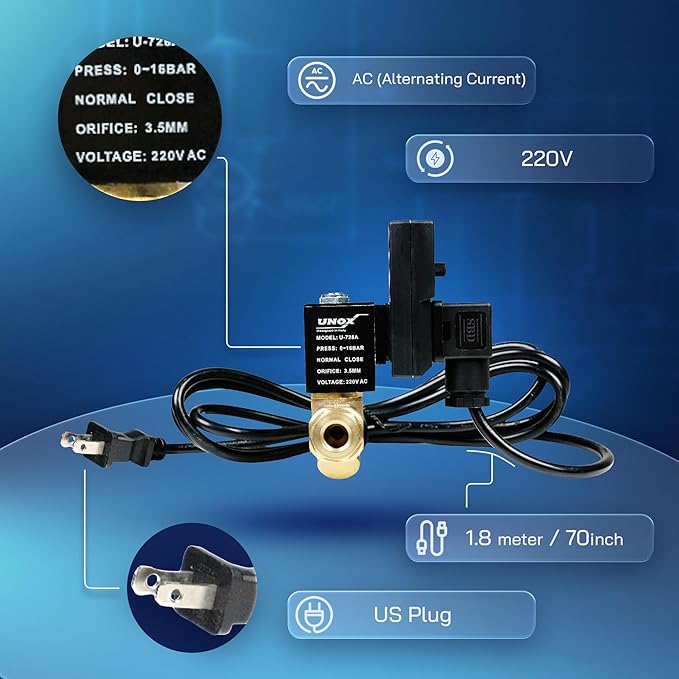 UNOX Electronic Drain Valve for Air Compressor, 1/2" NPT to 1/4" NPT 220V AC Automatic Timed Tank Drain Valve with 6 feet US Plug Cable - Max 235 PSI Solenoid Valve Assembled