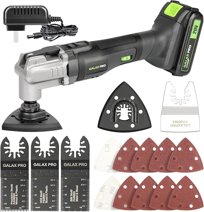 GALAX PRO Power Oscillating Tool, Cordless Oscillating Multi Tool 20V Lithium Ion with 1.3Ah Battery and Charger, 3pcs Blade and 10pcs Sanding Papers for Sanding, Grinding