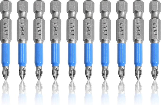 10 Pcs Magnetic Phillips Screwdriver Bit Set 2 inch Long, PH1 Phillips Bits Set, Non-Slip Cross Head Electric Screwdriver Bits Set 1/4" Hex Shank (PH1, 50mm)