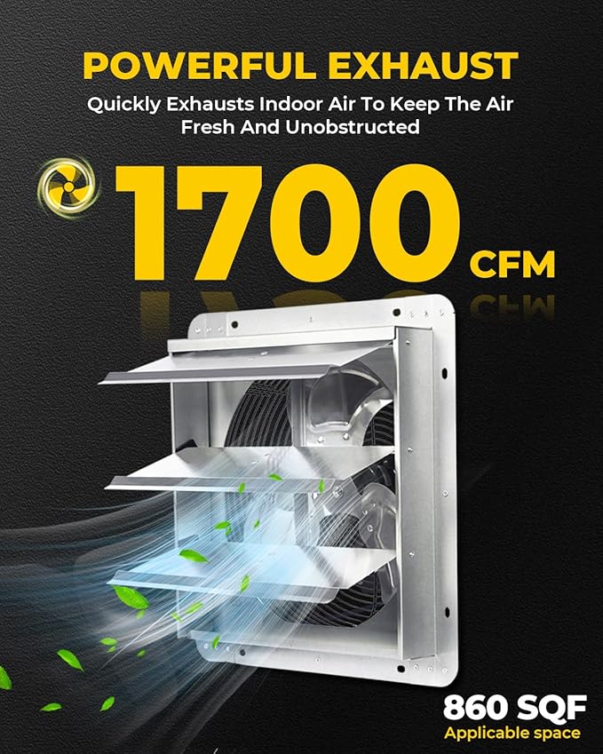 VENTISOL 14 Inch Shutter Exhaust Fan, Ven Fan with Power Cord Wall Mount, High Speed 1520CFM for Garages, Attic, Shops, Greenhouse