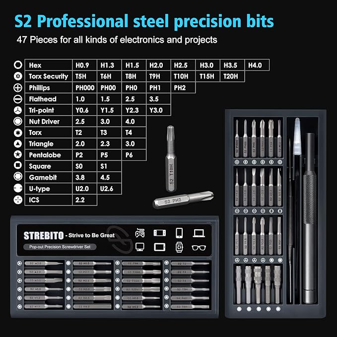 STREBITO Micro Screwdriver Set 50 in 1 Precision Screwdriver Set, S2 Steel Multi Bit Mini Repair Kit for Electronics, Computer, Phone, Laptop, Glass, Watch, Switch, Game Controller