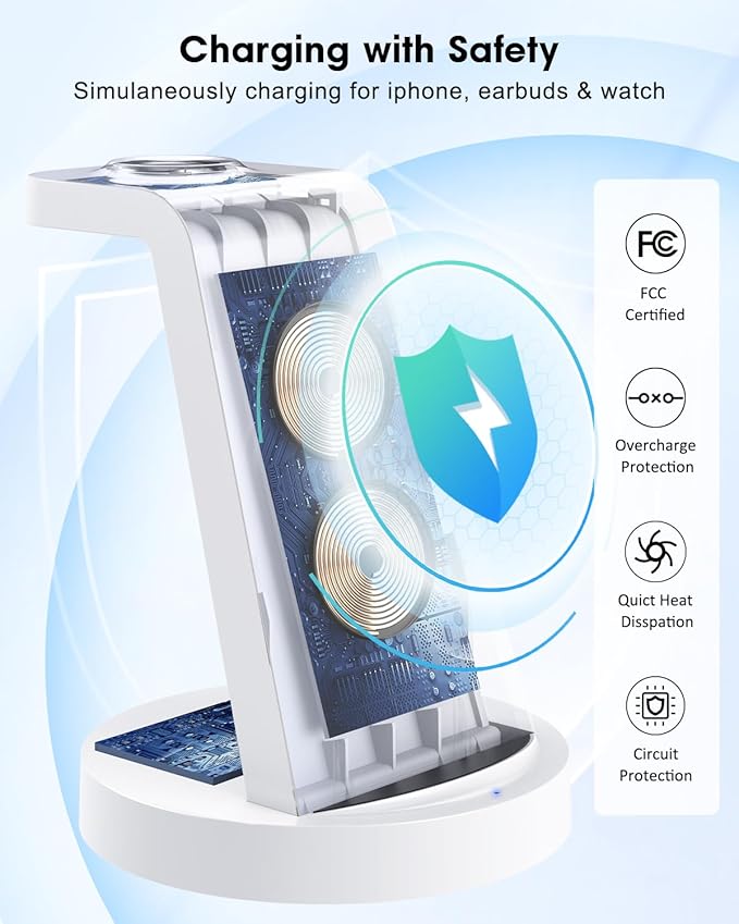 3 in 1 Charging Station for Apple Device, Wireless Charger for iPhone 16 15 14 13 12 11 Pro Max & Apple Watch iwatch- Charging Stand Dock for AirPods