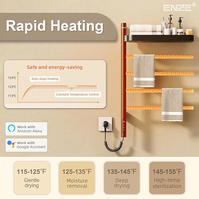 ENZE Smart Rotating Heated Towel Rack for Bathroom, Wall-Mounted Electric Towel Dryer with Swivel Bars & Shelf, Smart Timer, Low Carbon Steel, Plug-in/Hardwired, Towel Warmer with Wi-Fi App Control