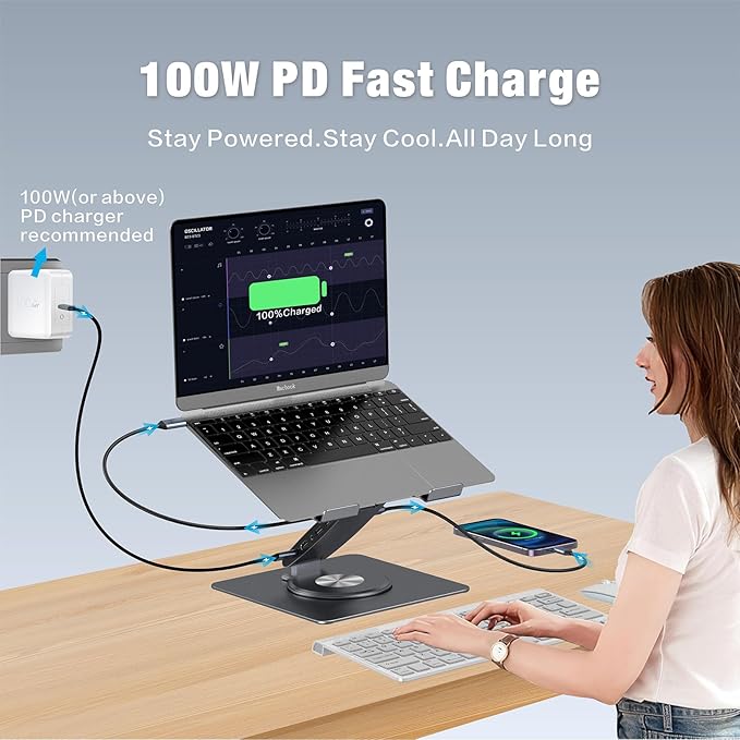 Adjustable Laptop Stand for Desk with Docking Station 9-in-1, Aluminum Laptop Riser with USB Hub, 360° Swivel, Dual Display 4K60Hz HDMI, 3 USB3.0, 100W PD Charging, for MacBook Pro Air/Dell/HP 7-15.6"