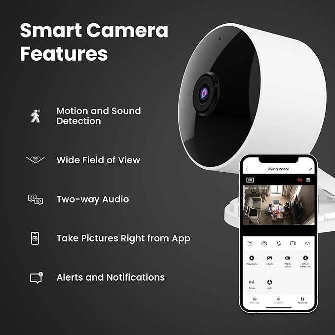 Feit Electric Indoor Security Camera with Motion Detection, 30ft. Night Vision, 360° Adjustable Head, 2.4GHz WiFi, 2-Way Audio, 1080p HD, Works with Alexa & Google Asst, Plug-in, White - CAM1/WIFI
