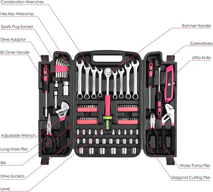 TLGREEN 95 Piece Tool Set, Tool Kit, Mechanics Tool Set, Portable Toolbox with Adjustable Wrench Pliers Socket Bits, with Plastic Toolbox Storage Case, for House Apartment Garage (Pink)