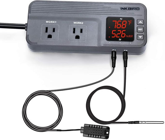 Inkbird ITC-608T Temperature and Humidity Controller 1800W ETL Listed AC Dual Stage Outlet Thermostat with Temperature and Humidity Sensor Mushroom Greenhouse Reptile