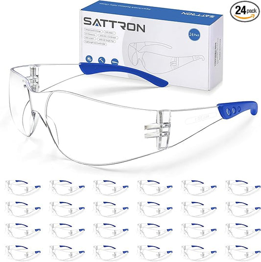 Clear Safety Glasses 24 Pack, Polycarbonate Lens with Rubber Temples, Safety Goggles Anti-Scratch Impact Resistant, Eye Protection for Work Lab Construction, Clear Lens/Blue Frame