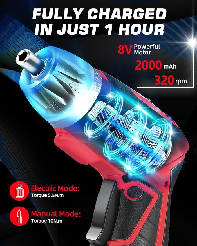 Cordless Electric Screwdriver Set, 8V 10Nm Rechargeable Power Electric Drill, Battery Screw Gun with Driver Bit, 320RPM/10+1 Torque, 2 Position Handle, Flexible Shaft LED Light (Red, 28Pcs)