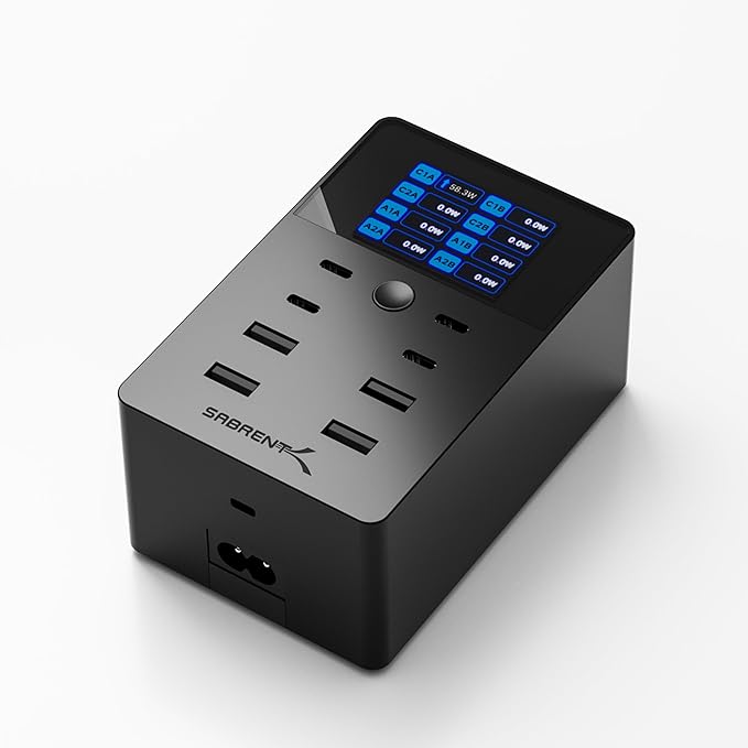 SABRENT 252W Charger – 8-Port USB PD 3.0 with LCD Display, Fast Charging for USB-C & USB-A Devices, Laptops, Phones, Tablets, Gaming Consoles – PPS, Overcharge Protection, Travel-Friendly (AX-8PTC)