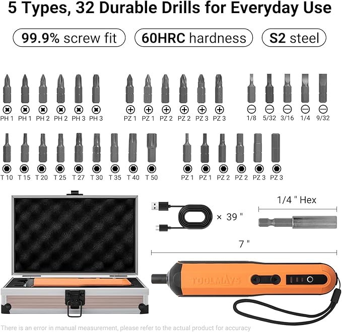 Electric Screwdriver, Cordless Screwdriver Kit, 4V 3-Speed Magnetic Bits Precision Screwdriver Set, Rechargeable Power Screwdriver, with Aluminium Box