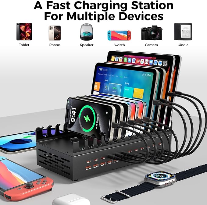 300W USB Charging Station for Multiple Devices, 24 Port USB ~C Fast Charging Station, Multi Device Charger Station Organizer Compatible with Tablet, Laptop, Cellphone, iPhone, iPad and More