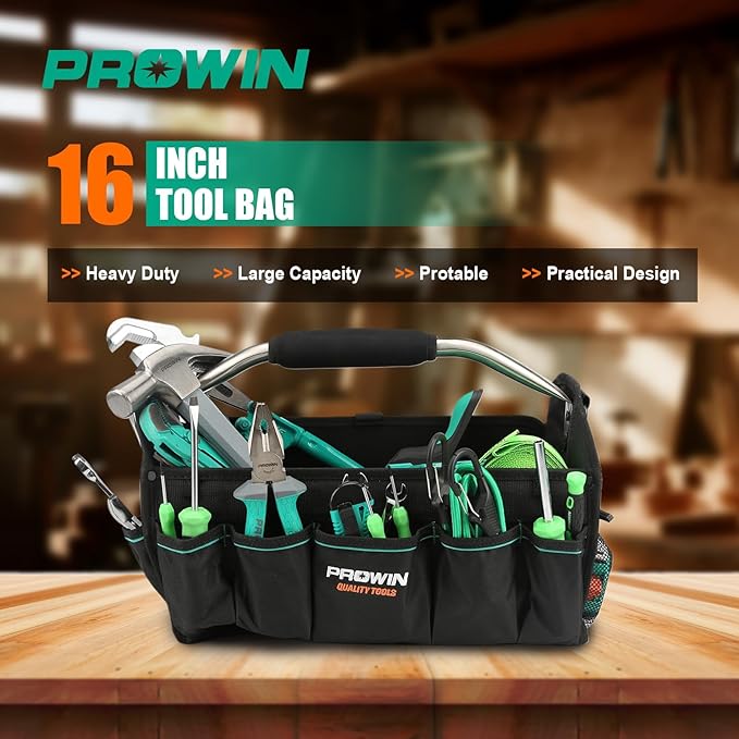 Prowin 16" Multi-pocket Tool Organizer with Plastic Waterproof Bottom, Heavy-duty Collapsible Tote Wide Mouth Tool Tote Bag 600 Denier Roomy Pro Sized Tote Black