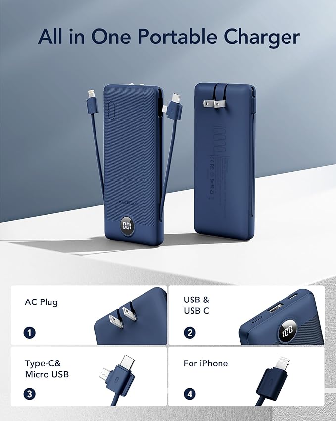 VEGER Portable Charger for iPhone with Built in Cables and Wall Plug, 10000mah Slim Fast Charging USB C Power Bank, Travel Essential Battery Pack Compatible with iPhone, iPad, Samsung etc(Navy)
